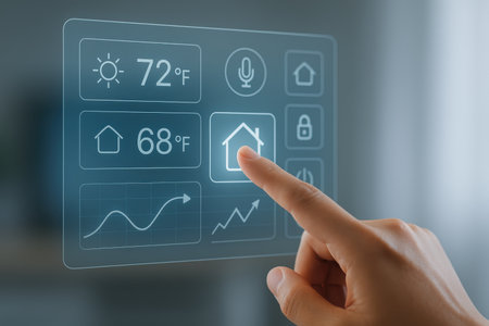 Smart home automation system on virtual screen. Internet and technology concept.の素材