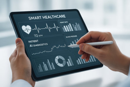 Tablet screen displaying a smart health care concept on a touch screenの素材