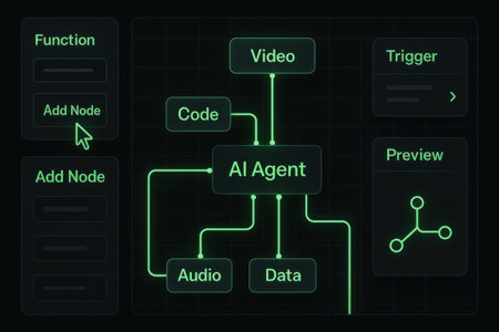 Illustration of artificial intelligence concept with text and icons on a dark backgroundの素材