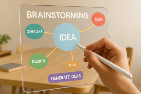 Diagram of Brainstorming with keywords and icons on virtual screenの素材