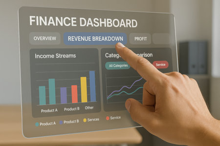 Man using a touch screen device with financial report concept on the screenの素材