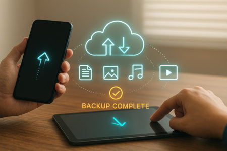 Cloud computing concept on device screen. Business, internet and technology concept.の素材