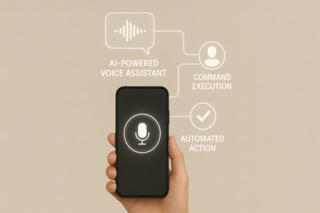 Hand holding smart phone with voice recognition and voice biometric authentication conceptの素材