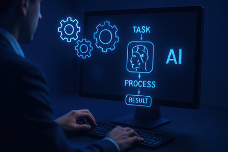 Businessman working on a computer with an artificial intelligence concept. 3D rendering.の素材