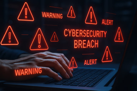 Cyber crime theme with hacker and warning symbols on a laptop screenの素材