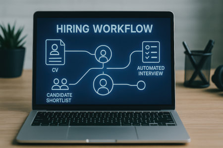 Laptop screen displaying a hiring work flow concept on a wooden desktopの素材