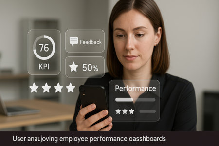 Businesswoman using her smart phone in an office environment with 5 star rating.の素材