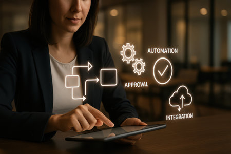 Businesswoman using tablet with cloud computing diagram on the screen. Cloud computing concept.の素材