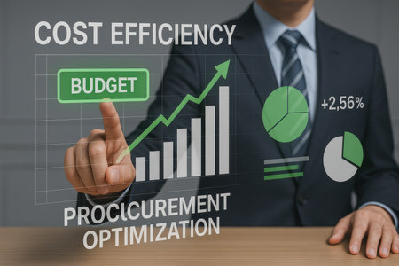 Businessman hand touching COST Efficiency DEVELOPMENT button on virtual screenの素材