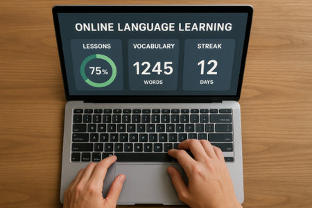 Man using laptop with online learning concept on screen. All screen graphics are made up.の素材