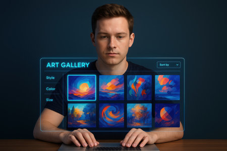 Handsome young man working with modern laptop and futuristic media iconsの素材