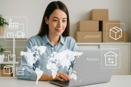 Young woman working with laptop at home office. Online shopping concept.の素材