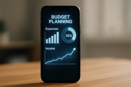 Smartphone screen displaying a budget planning concept on a wooden table.の素材