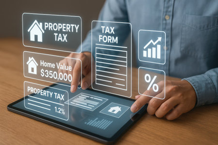 Property tax concept on virtual screen. Business, internet and technology concept.の素材