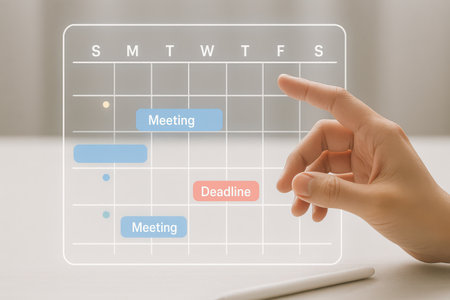 hand pressing button on calendar, business planning and strategy concept, close upの素材