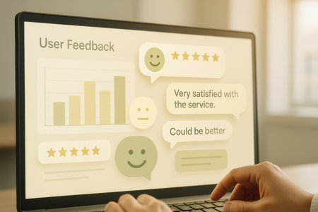 Customer review concept on laptop screen. Customer service and feedback concept.の素材