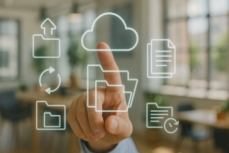 Businessman hand pressing cloud computing icon on virtual screen in office roomの素材