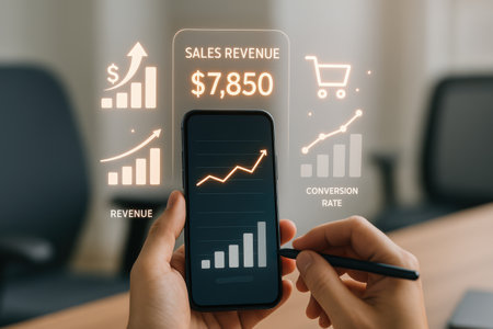 cropped view of woman using smartphone with sales growth chart on screenの素材