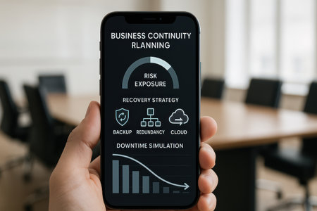 Smartphone screen displaying a cloud computing security concept on a classroom backgroundの素材