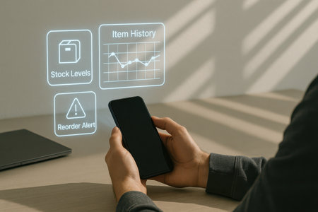 businessman using smart phone with stock market graph on screen in officeの素材