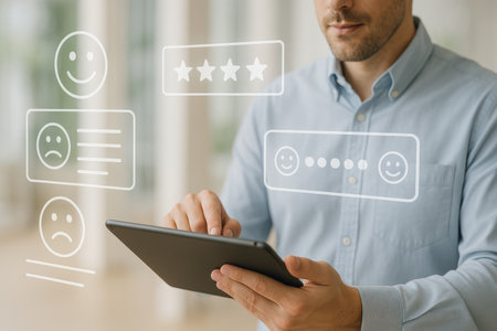 business, people, satisfaction and technology concept - close up of man with tablet pc computer and feedback iconsの素材