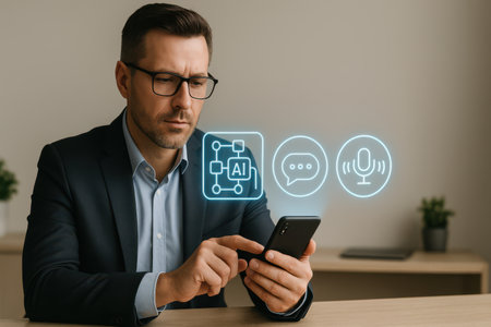 Serious man in eyeglasses using smartphone with voice assistant iconの素材