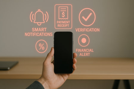 Woman using smartphone with smart home application on screen at table in officeの素材