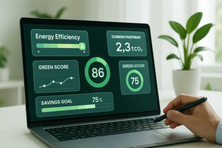 Woman working on laptop at table in office, closeup. Financial growth conceptの素材