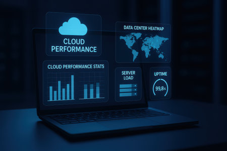 Cloud computing concept on modern laptop screen in dark room. 3D renderingの素材