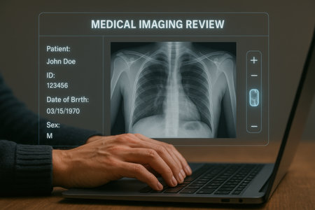 Man working on laptop with medical interface on screen. Healthcare and medicine conceptの素材