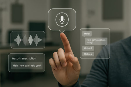 Man using voice recognition on a touch screen interface. Voice recognition concept.の素材