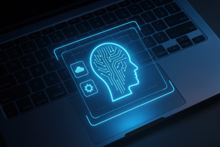 Laptop with glowing artificial intelligence concept on screen. 3D Renderingの素材