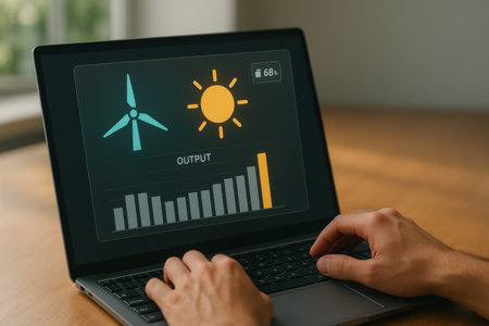 Man using a laptop with wind energy concept on the screen. All screen graphics are made up.の素材