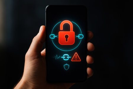 Cyber security concept. Hand holding smartphone with closed padlock on dark backgroundの素材