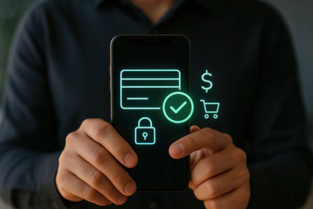 Man using smartphone with online shopping application on blurred background, closeupの素材