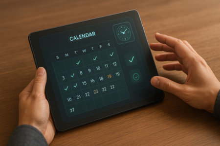 Hands holding digital tablet with calendar on wooden table, closeupの素材