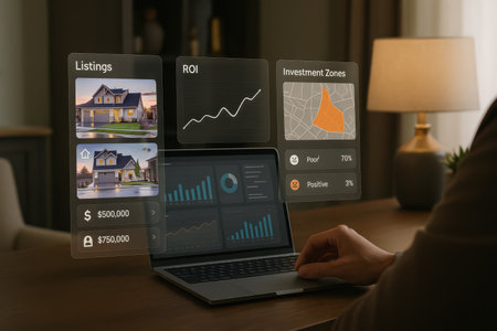Woman working on laptop at table in room, closeup. Mortgage appの素材