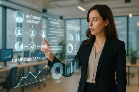 businesswoman touching virtual screen with business infographics on blurred foreground in officeの素材