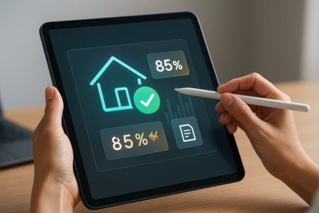 Real estate concept on tablet screen. Business, internet and technology concept.の素材