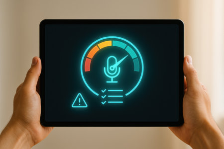 Close-up of male hands holding digital tablet with speedometer iconの素材