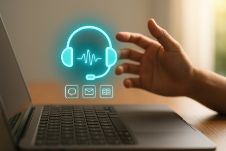 Man hand using laptop computer with headphone icon on screen. Internet and technology concept.の素材