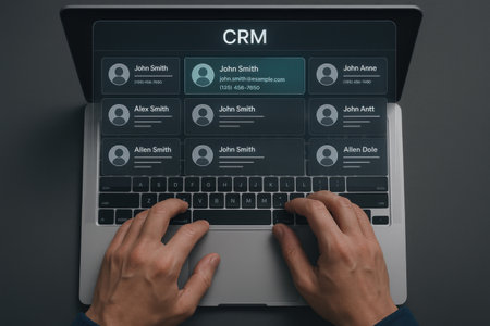 Man using a laptop with CRM (Customer Relationship Management) concept.の素材