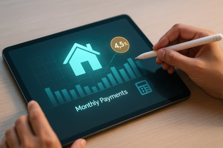 Mortgage application on tablet screen. Internet and technology concept.の素材