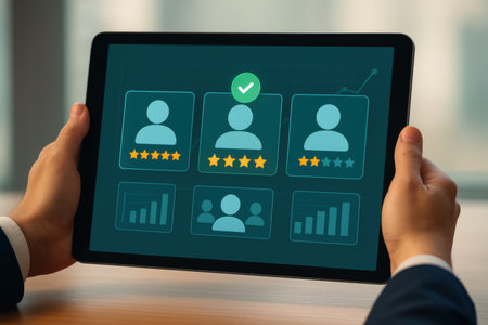 business, people and technology concept - close up of man with tablet pc computer showing five stars rating on screenの素材