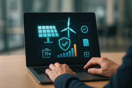 Hands of a man using a laptop with renewable energy concept on the screenの素材
