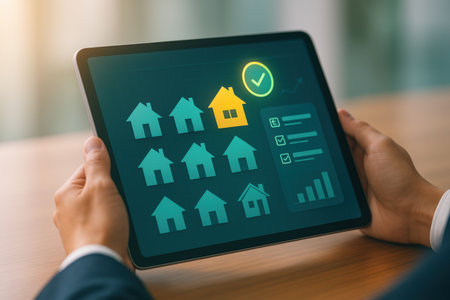 Hands holding tablet with real estate concept. All screen graphics are made up.の素材