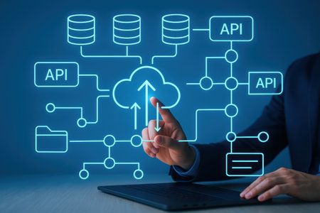 Businessman working with a cloud computing diagram on a blue background.の素材