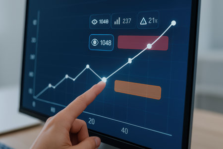 business, technology, internet and networking concept - close up of woman hand with graph on computer screenの素材
