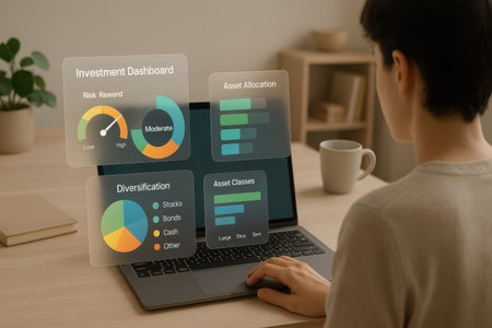 business, education, technology and people concept - close up of woman with laptop computer and pie chart on screen at home officeの素材