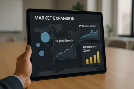 Man using tablet with marketing analysis concept on screen. All screen graphics are made up.の素材